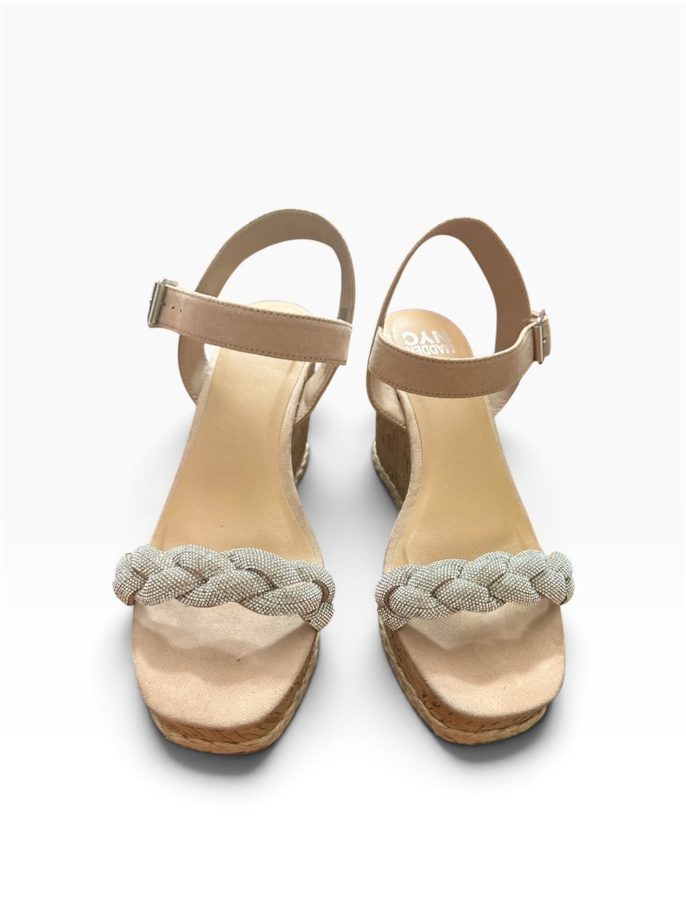 Madden NYC Braided Rhinestone Ankle Strap Sandals Nude Tan Silver